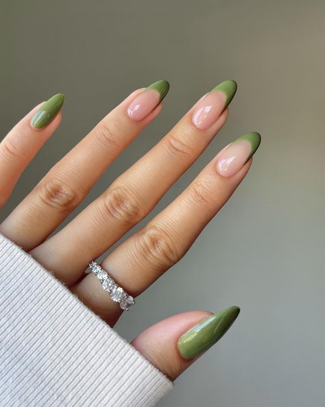 obsessed w olive tones for fall rn 🫒💚 colours used linked on my story 💞 —————— #fallnails #greennails #olive #frenchtips #nailinspo #gelnails green olive toned french tip nail inspo fall aesthetic minimal Fall Green French Tip Nails, Nail Colours Green, Olive French Tip Nails, Minimal Fall Nails, Nails Fall Design, Nails Ideas For Short Nails, Green Nails Fall, Green French Tip Nails, Green French Tips