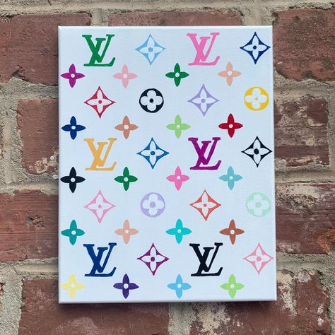 Lucy Gash⚡️ on Instagram: “14x11 Louis Vuitton print painting for @helenjay58 ✨🤩 ♥ ♥ ♥ ♥ ♥ #instgramart #fashionart #louisvuitton #trendyart #dormart #apartmentart…” Channel Painting Canvas, Louis Vuitton Canvas Painting, Lv Canvas Painting, Brand Painting Ideas, Louis Vuitton Painting, Designer Canvas Art, Lv Painting, Louis Vuitton Print, Louis Vuitton Art