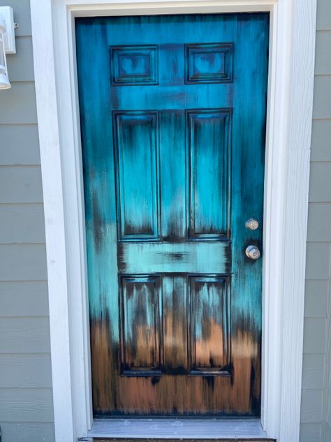 Unique Painted Doors Interior, Painted Bathroom Doors Creative, Unicorn Spit Front Door, Rustic Exterior Door, Chalk Painted Front Door, Unique Interior Door Painting Ideas, Funky Painted Kitchen Cabinets, Painted Doors Creative, Painted Door Ideas Creative