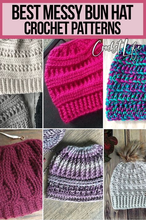 Always a fast and fun crochet project and perfect for anyone with a ponytail, these are the best beautiful messy bun hat crochet patterns! Crochet Ponytail Hat Pattern Free Easy, Beanie With Ponytail Hole Free Pattern, Crochet Hat With Ponytail Hole, Crochet Ponytail Hat, Ponytail Beanie Crochet Pattern Free, Ponytail Crochet Hat Pattern Free, Crochet Beanie With Ponytail Hole, Messy Bun Crochet Hat Pattern Free, Messy Bun Beanie Crochet Pattern Free