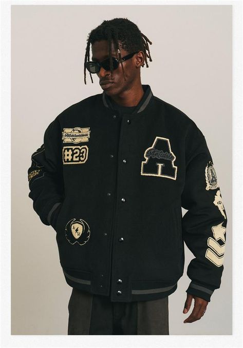 Streetwear Outfit Men, Embroidery Jacket, Aesthetic Streetwear, Loose Fashion, Varsity Jackets, Casual Outerwear, Letter Embroidery, Letterman Jacket, Style Hip Hop