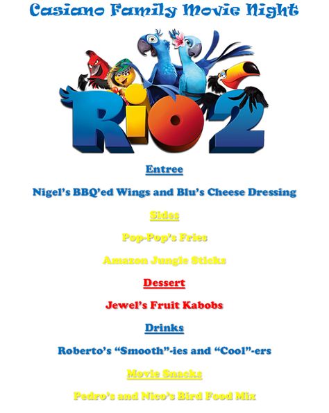 Rio 2 Movie, Disney Movie Themed Dinner, Disney Nights, Movie Meals, Themed Dinners Ideas, Family Movie Night Themes, Disney Movie Night Menu, Movie Recipes, Disney Themed Movie Night