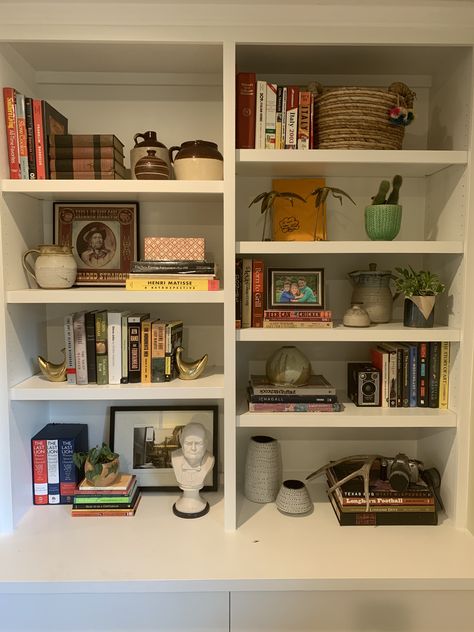 Styling my built ins. It’s a constant process of finding the right balance Asymmetrical Bookshelf Styling, Backless Bookcase, Bookshelf Styling Ideas, Styled Shelves, Apartment Vision Board, Styling Bookshelves, Ideas Cuarto, Displaying Photos, House Shelves