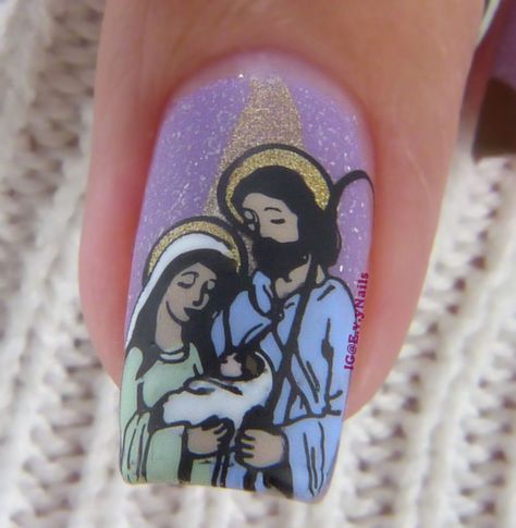 Christmas Nativity Scene Nails, Christmas Nails Jesus, Nativity Nails Designs, Christian Christmas Nails, Jesus Nails Designs, Nativity Nails, Jesus Nails, Nails Navidad, Christmas Nail Art Designs