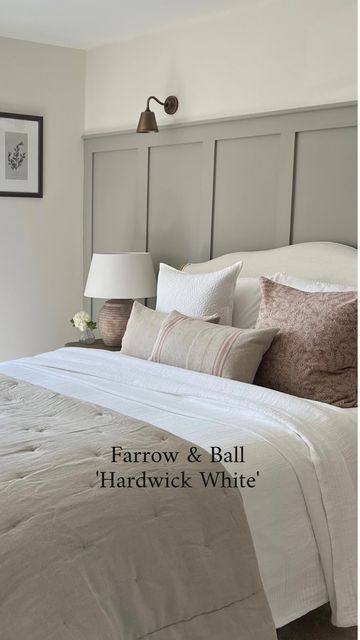 Beth on Instagram: "‘Hardwick White’ A traditional grey, rich in colour and would suit both a contemporary room, as well as a traditional. As you can see, I’m rather fond of this colour in my home and frequently get asked, what colour it actually is! So here it is, in my chosen rooms - save for inspiration! Enjoy your evening! Xx #farrowandball #hardwickwhite #paint #paintcolors #walls #rooms #inspiration #mrshinchhome #mrshinch #interiorinspiration #interiorstyling #interiortrends #trending # Bedroom Wall Panelling Colours, Hardwick White Bedroom, Shaded White Bedroom, Panelled Headboard Wall, Dado Rail Panelling Bedroom, Bedroom Panelling Colour Ideas, Hardwick White Farrow And Ball, Farrow And Ball Hardwick White, Bedroom Feature Wall Ideas