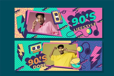 90s Flyer, Banners Music, 80s Pattern, Instagram Design Layout, Banner Design Layout, Creative Banners, Colorful Logo Design, Banner Design Inspiration, Graphic Design Collection