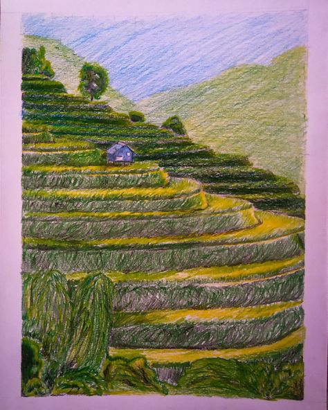 Banaue Rice Terraces Painting, Rice Terraces Philippines Drawing, Rice Terraces Drawing Easy, Banaue Rice Terraces Drawing, Rice Terraces Drawing, Rice Drawing, Banaue Rice Terraces, Line Art Projects, Landscape Design Drawings