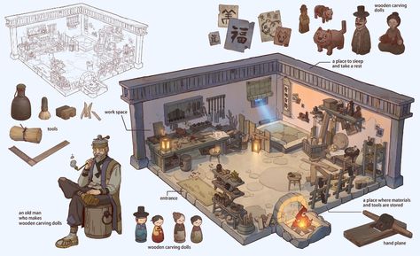 ArtStation - Wooden doll Carpenter Workshop Workshop Concept Art, Carpenter Workshop, Concept Artist Portfolio, Concept Environment, Interior Concept Art, Carpenters Workshop, Props Concept, Bg Design, Games Art