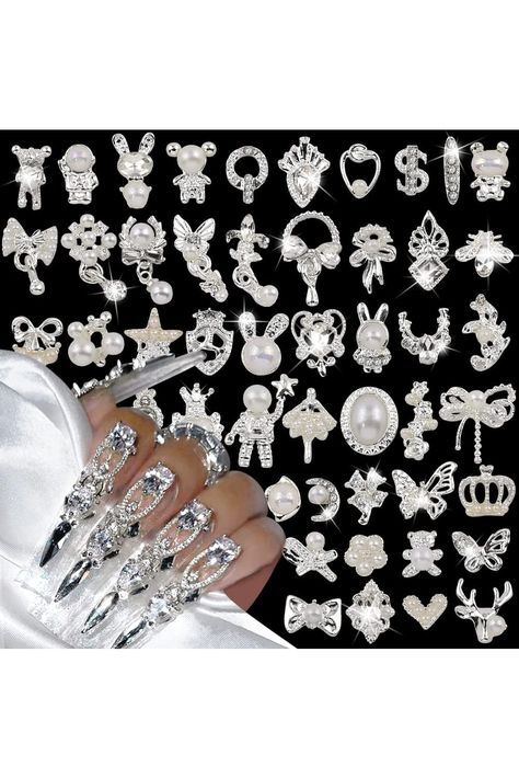 50pcs Luxury Nail Rhinestones Random Silver Nail Charms 3D Alloy Butterfly Nail Art Charms Metal Bowknot Bear Nail Gems Heart Star Flower Charms for Nails Mix Styles Nail Jewels for Nail Art Supplies Goth Nail Art, Golden Nail Art, Pearl Nail Art, Nail Gems, Golden Nails, Bears Nails, Nail Rhinestones, Nail Art Charms, Nail Art Glitter