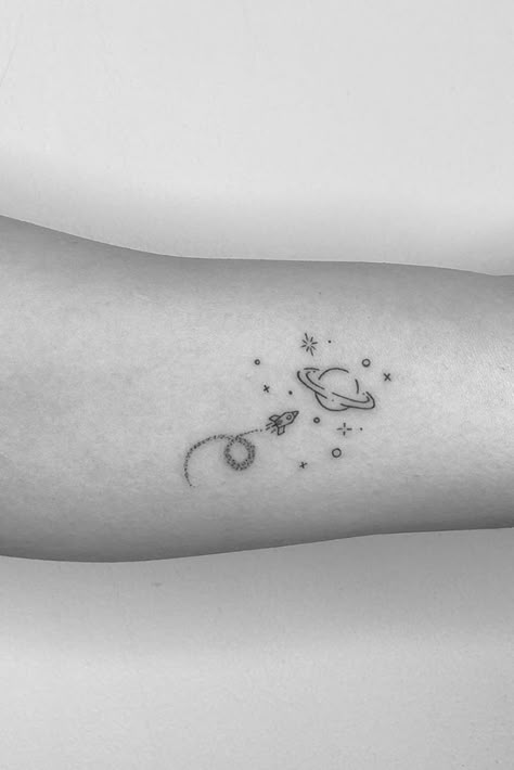 Its Ok Tattoo Ideas, Dainty Space Tattoos, Fine Line Space Tattoo, Small Space Tattoo Ideas, Gender Neutral Tattoos, 5cm Tattoo Ideas, Over Thinking Tattoo, Telescope Tattoo, Self Care Tattoo Ideas