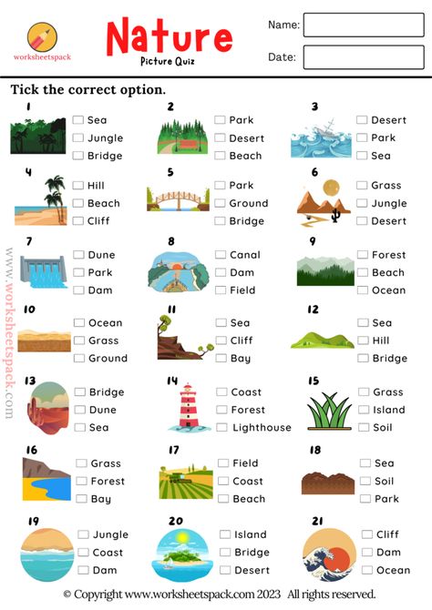 Nature ESL Picture Quiz for Kids - worksheetspack English Learning Materials, Nature Worksheets For Kids, Nature Worksheet, Quiz For Kids, Quizzes For Kids, Free Quizzes, Picture Quiz, Esl Grammar, Work Ethics