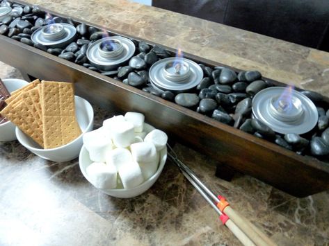 Make Tonight Special - Anytime Indoor Smores - Ziggity Zoom Family Indoor Smores Bar, Diy Smores Bar, Smore Party, Smores Table, Indoor Smores, Rustic Dessert Table, Smores Station, Easy Smores, Tabletop Fire Bowl