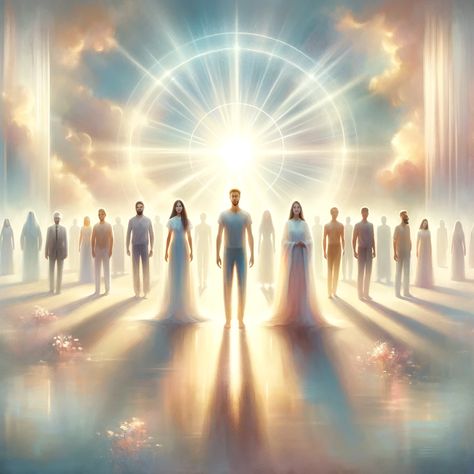 A serene and spiritual digital painting representing the concept of 'Righteousness in Christ'. The image features a diverse group of individuals standing together, each radiating a soft, glowing light, symbolizing their new identity in Christ. They are surrounded by a warm, ethereal light, indicating the covering of God's righteousness. The background is a tranquil, heavenly setting with soft,... Biblical Pictures, Ethereal Light, Righteousness Of God, Spiritual Realm, Powerful Inspirational Quotes, New Identity, Christian Pictures, Jesus Art, Photo Art Gallery