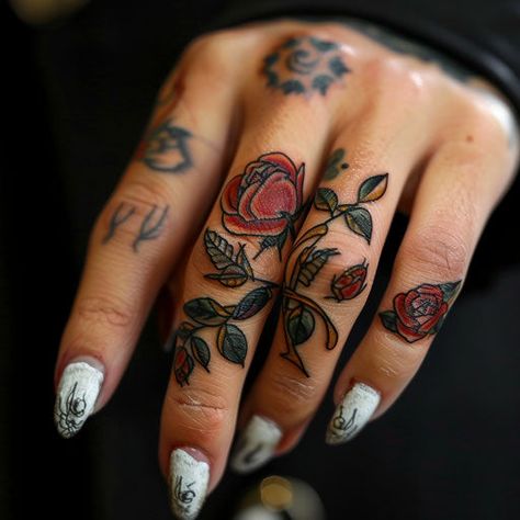 Colorful Finger Tattoos For Women Tattoo Artistry Set Feminine Women With Tattoos, Fine Line And Traditional Tattoo, Hand Tattoo American Traditional, Traditional Tattoos Of Women, Rocker Tattoos For Women, Colorful Finger Tattoo, Traditional Tattoos On Women, Coverup Finger Tattoo, Rose Finger Tattoo For Women