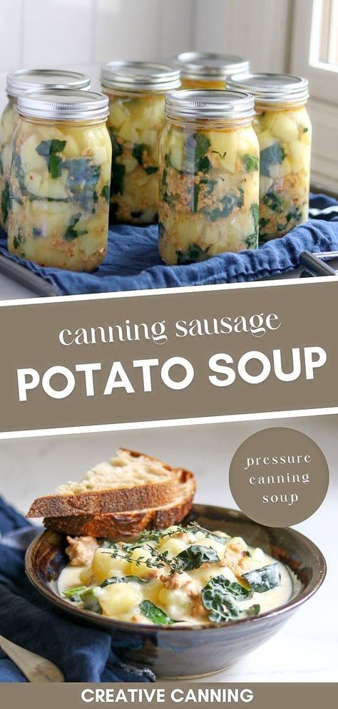 Delve into the process of canning sausage potato soup with kale, a classic among cozy fall soups. Inspired by the popular Olive Garden Zuppa Toscana, this recipe is a must for lovers of hearty soups. With pressure canning soup recipes like this, you'll enjoy warmth all year. Find more meal canning recipes, pressure canning recipes, and meat canning recipes at creativecanning.com. Canning Potato Soup Recipes, Soups For Canning, Meals In A Jar Canning Recipes, Waterbath Canning Recipe, Canning Sausage, Potato Soup With Kale, Survival Meals, Meat Canning, Potato And Kale Soup