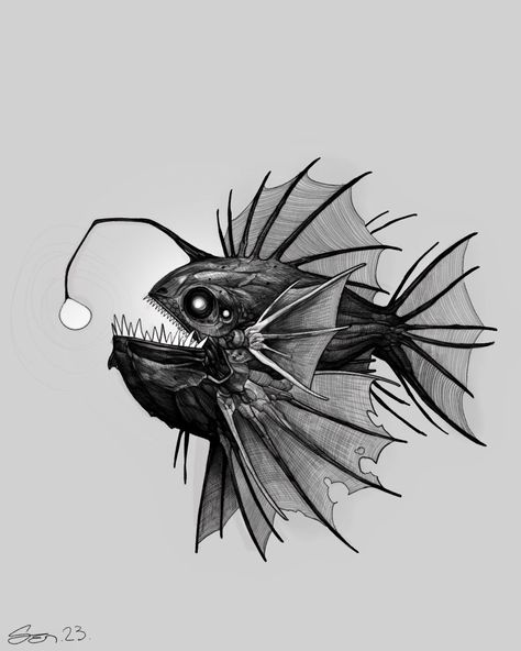 Angler Fish Drawing Realistic, Dark Aquatic Tattoo, Underwater Creatures Tattoo, Angler Fish Sketch, Dark Fish Tattoo, Deep Sea Tattoo Ideas, Blackwork Animal Tattoo, Anglerfish Drawing, Aquatic Drawings