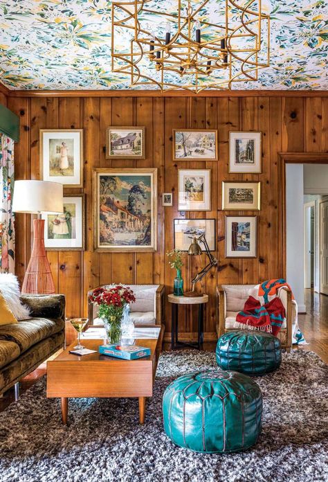 Wall Decor On Wood Paneling, Living Rooms With Wood Paneling, Cabin Wood Paneling, Styling Wood Panel Walls, Wood Panneling Rooms Old, Wood Panel Living Room Decor, Wood Panel Room Decor, Cedar Wood Walls Living Room, Mid Century Paneled Walls