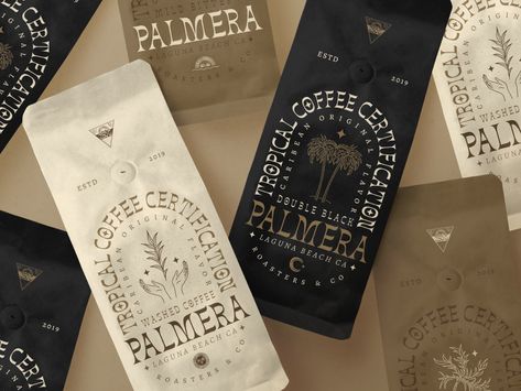 PALMERA Coffee Roasters by Andres Silva  #packaging #branding #coffebag #coffee #label #icon #typography #logo #vintage #bag #font #display Coffee Bag Label, Vintage Coffee Packaging, Luxury Coffee Packaging, Coffee Label Packaging, Coffee Shop Packaging, Vintage Packaging Design, Coffee Bag Packaging, Coffee Branding Design, Coffee Bean Bag