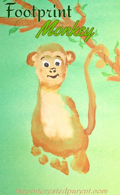 Footprint Monkey Craft - Kid's Footprint Crafts A - Z M is for Monkey Footprint Animals, Jungle Animal Crafts, Monkey Craft, Jungle Crafts, Zoo Crafts, Zoo Animal Crafts, Monkey Crafts, Animal Footprints, Footprint Crafts