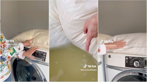 Strip Washing Pillows Is Grossly Satisfying, TikTok Grandma Babs Shows Us Stripping Pillows Tik Tok, Strip Sheets In Washing Machine, Strip Pillows Clean, Stripping Towels In Tub Recipe, How To Strip Laundry, Powder Laundry Detergent, Washing Soda, Liquid Laundry Detergent, Scary Mommy