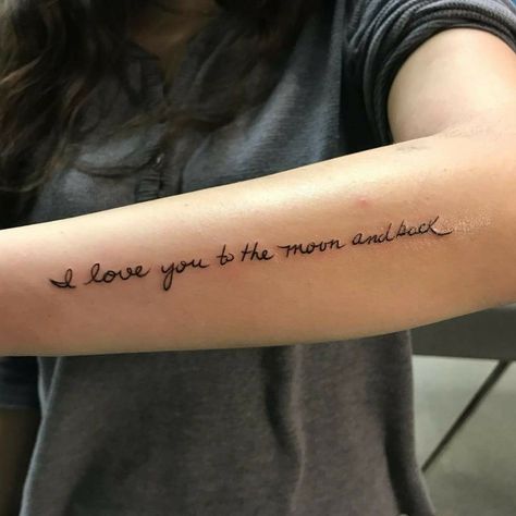 Love Them Anyways Tattoo, Outer Forearm Tattoos Women, The Moon And Back Tattoo, Moon And Back Tattoo, Back Tattoo Quotes, To The Moon And Back Tattoo, Back Tattoo Ideas, Outer Forearm Tattoo, 16 Tattoo