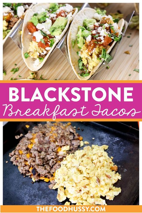 Blackstone Breakfast Tacos are a great breakfast for a crowd! These delicious breakfast tacos are filled with scrambled eggs, sausage, veggies and more! Add your toppings like cheese and avocado and everyone will be coming back for more! Black Stone Breakfast Burritos, Breakfast Tacos Blackstone, Blackstone Breakfast Tacos, Breakfast Tacos Sausage, Breakfast Blackstone, Tacos Blackstone, Toasted Breakfast Taco, Blackstone Breakfast, Blackstone Breakfast Hash