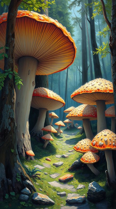 A serene forest filled with giant mushrooms, rendered in a classic oil painting style with bright vibrant colors, rich textures, and visible brushstrokes, creating a lively and energetic atmosphere. Giant Mushroom, Serene Forest, Rich Textures, Painting Style, Mobile Wallpaper, Phone Backgrounds, Brush Strokes, Phone Wallpaper, Iphone Wallpaper