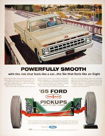 1965 Ford F-100 Pickup Truck original vintage advertisement. Illustrated in vivid color and featuring the new twin I beam suspension for a smooth car-like ride.