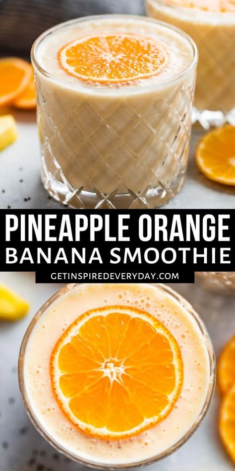 This Pineapple Orange Banana Smoothie was inspired by my favorite flavor of juice from childhood. It's hard to get enough of this tasty combination and it's not surprising that kids absolutely love this one! This smoothie is sweet and bursting with fresh flavor and a touch of creaminess. There are dairy free and vegan options as well as tips for adding spinach, green, or superfoods. Orange Banana Smoothie, Banana Drinks, Fruit Smoothie Recipes Healthy, Smoothie Recipes Healthy Breakfast, Smoothies And Shakes, Recipes Healthy Breakfast, Smoothies For Kids, Smoothie Drink Recipes, Easy Smoothie Recipes