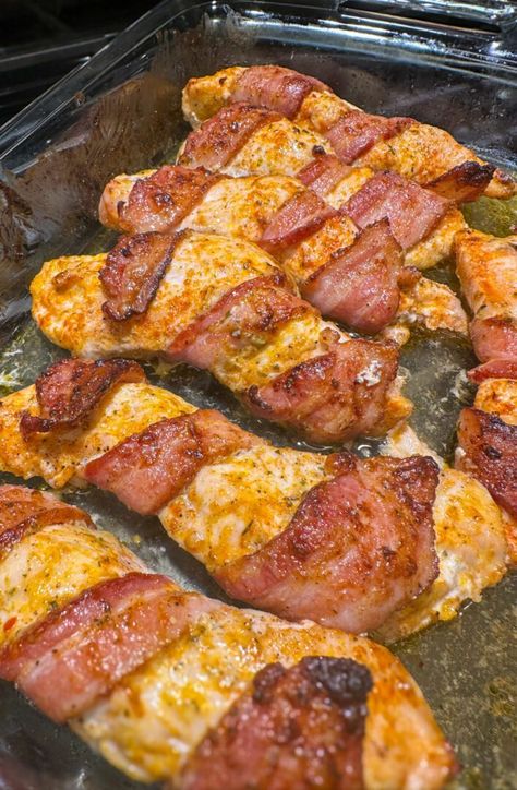 Bacon Wrapped Garlic Parmesan Chicken Bacon Wrapped Garlic Parmesan Chicken, Barbecue Bacon Chicken, Katie Cross Recipes, Rotel Meatloaf Recipe, Injecting Turkey, Pork Side Dishes, Parmesan Wing Sauce, Easy Oven Recipes, Pan Seared Pork Chops