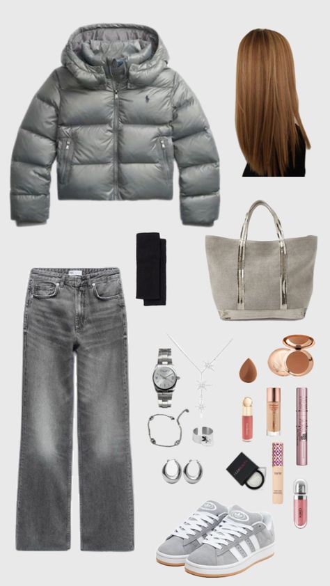 campus 00’s grey, ralph lauren jacket, jean, makeup, silver jewels, outfit for school 🎓 Campus00s Outfit, Ralph Lauren Jacket Outfit, Grey Campus 00s Outfit, Winter Fits For School, Grey Jacket Outfit, Streetwear Makeup, Makeup Silver, Campus 00, Winter Jacket Outfits