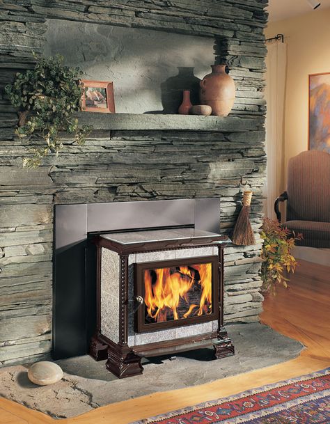 Homestead soapstone stove, with brown design accents, by HearthStone Stove Inspiration, Hearthstone Wood Stove, Modern Hearth, Soapstone Wood Stove, Stove Surround, Soapstone Stove, Wood Stove Surround, Stove Hearth, Wood Stove Hearth