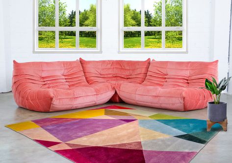 So many things to love about a SW rug, but one very useful thing about these beautiful, warm and luxurious pieces is how you can match any colour of furnishings or decor!  See how fabulous Ligne Roset's pink Togo sofa looks with the Prism rug in Vibrant.  It would be interesting to try with the Pastel version or any number of other colourful rugs.  You can now use our Visualise tool to try before you buy, which makes shopping and choosing so much fun! Ligne Roset Sofa, Colourful Rugs, Pink Couch, Colourful Home, Togo Sofa, Vibrant Rugs, Sofa Colors, Ligne Roset, Pink Room