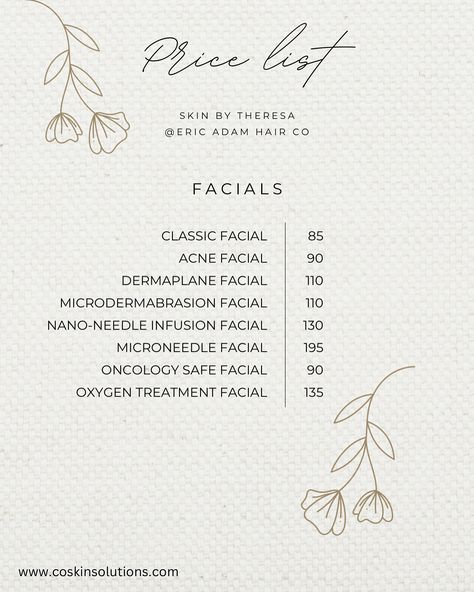 ✨Service and price list!✨ 🗓️Click on the link in my bio to see service description and to schedule your appointment. #Facial #Microneedling #Microneedle #ChemicalPeel #Skincare #Waxing #LashLiftAndTint #Eyebrows #Microdermabrasion #Dermaplane #Esthetician #LittletonEsthetician #PriceList #ServiceList Price List Esthetician, Facial Price List Ideas, Facial Menu Of Services, Facial Menu Ideas, Facial Service Menu Ideas, Esthetician Portfolio Ideas, Esthetician Services List, Esthetician Must Haves, Facial Price List