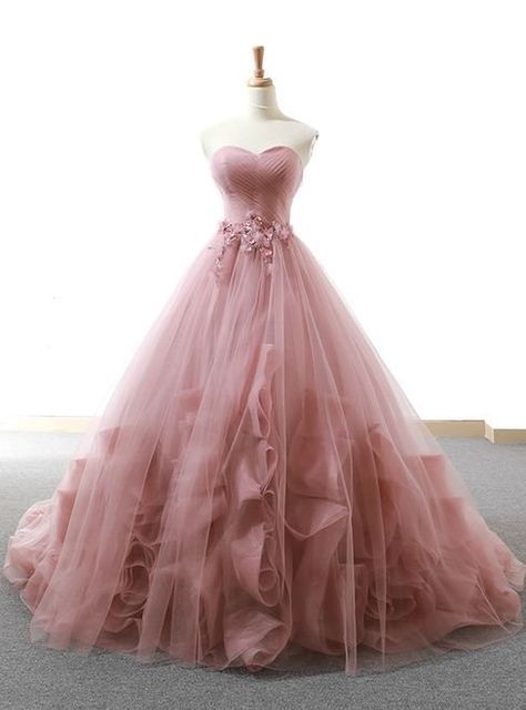 Gaun Tulle, Pink Wedding Gowns, Pink Evening Gowns, Pink Ball Gown, Elegant Ball Gowns, Tulle Evening Dress, Long Prom Gowns, Applique Wedding, Sweetheart Wedding Dress