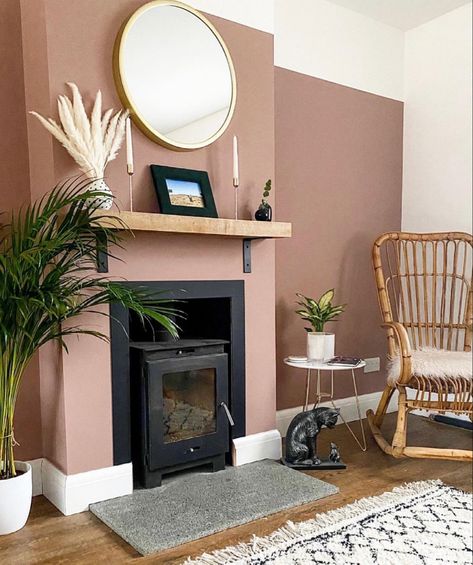 Pink Wall Colour, Pink Living Room Walls, Pink Feature Wall, Statement Fireplace, Exposed Brick Fireplaces, Practical Home Decor, Fireplace Accent Walls, Pink Accent Walls, Earthy Pink