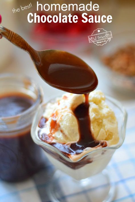 The most delicious Hot Chocolate Sauce Recipe - that's ready in minutes! Easy to make - Made with cocoa powder - Perfect for ice cream sundaes and drizzling over desserts. www.kidfriendlythingstodo.com #chocolate #sauce #icecream #cocoa #easy #best #homemade Recipe For Ice Cream, Chocolate Sauce Recipe, Chocolate Syrup Recipes, Hot Chocolate Sauce, Homemade Chocolate Syrup, Homemade Chocolate Sauce, Chocolate Sauce Recipes, Cocoa Powder Recipes, Ice Cream Kids