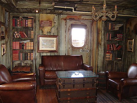 Cynthia and Frank Goldsmith Pictured: The master bedroom was, in its former life, a 150-year-old oak cabin in Missouri that was deconstructed, shipped out, and reconstructed. Description from pinterest.com. I searched for this on bing.com/images Pirate Cabin, Ship Interior, Interior Concept Art, Sailing Decor, Pirate Room, Captains Quarters, Pirate Decor, Pirate Ships, Ship Decor