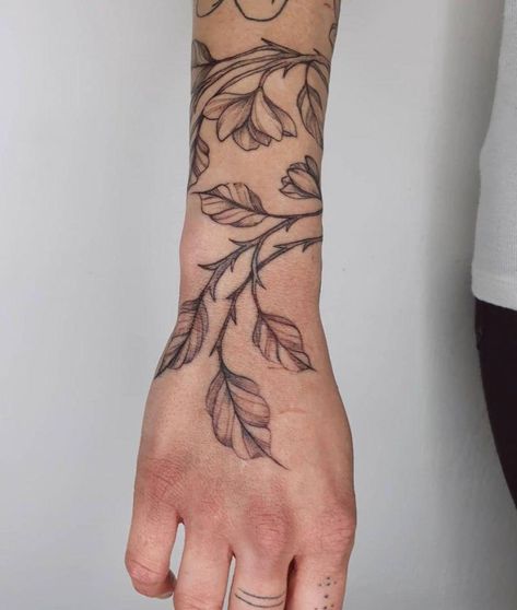 Thorn Forearm Tattoo, Hand Tattoo Vine, Roots And Vines Tattoo, Vine Tattoo Filler, Vine With Thorns Tattoo, Thorn Vine Tattoo Men, Plant Wrist Tattoo, Branch Tattoo Men, Rose Vines Tattoo