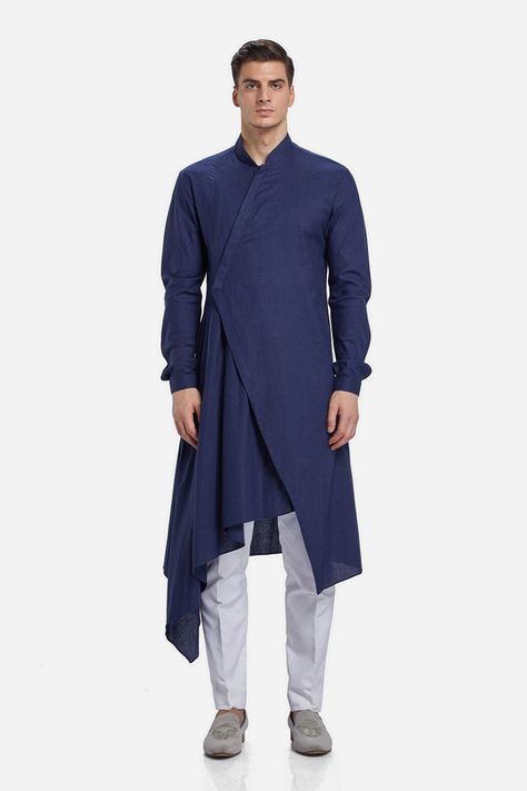 Assymetrical Kurta Men, Asymmetric Kurta Designs For Men, Draped Kurta For Men, Drape Kurta For Men, Overlapping Kurti Designs, Menswear Kurta, Stylish Boy Clothes, White Churidar, Best Indian Wedding Dresses