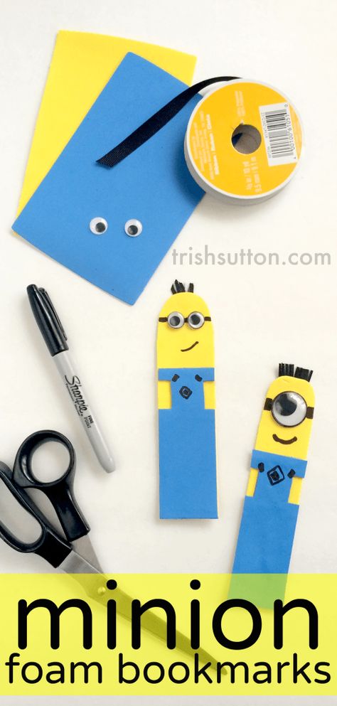 Minion Googly Eye Foam Bookmarks; trishsutton.com Foam Bookmarks, Minions Party Ideas, Minion Craft, Minions Party, Foam Sheet Crafts, Foam Art, Minion Birthday Party, Holiday Program, Blue Overalls