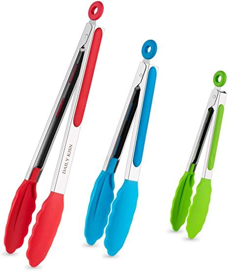 DAILY KISN Kitchen Tongs Set of 3, Stainless Steel Tongs with Silicone Tips for Cooking, Barbecue, BBQ Grill (Multicolor) Barbecue Buffet, Tips For Cooking, Bbq Salads, Silicone Tongs, Kitchen Tongs, Food Tongs, Tongs Kitchen, Kitchen Utensil Set, Silicone Kitchen