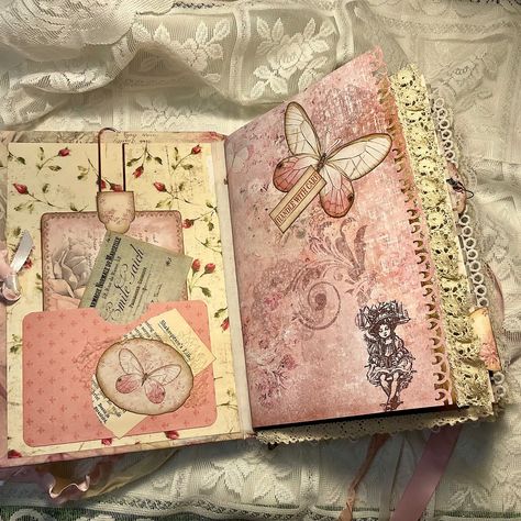 This is a handmade hard cover junk journal titled that I call Pink Roses. It measures approximately 9 inches x 6 inches x 1 1/2 inches. I have made the entire cover from book board. This comes with an envelope full of additional ephemera for your use. This book contains doilies, vintage lace and fabrics from my stash ( wools, silks, cottons, specialty fabrics, new and old laces, tatting, crochet) old book pages (vintage and antique - some dating back to 1700’s), letters, snippet roll pieces, ... Fabric Journal Cover Ideas Diy, Pink Junk Journal, Pink Journal Cover, Notes Cover Page, 21st Birthday Party Themes, Snippet Roll, Journal Things, Washi Tape Journal, Diy Journals