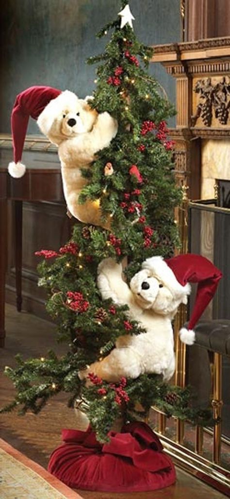 Playful Christmas Bears                                                                                                                                                                                 More Natal Country, Slim Christmas Tree, Pencil Christmas Tree, Beautiful Christmas Trees, Christmas Bear, Christmas Tree Design, Cool Ideas, Noel Christmas, Country Christmas