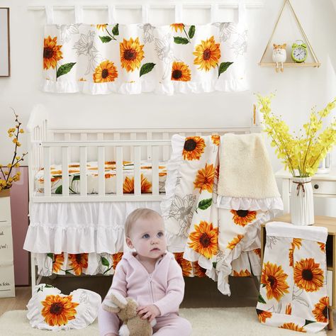 PRICES MAY VARY. ♥ Girls farmhouse nursery bedding 6 piece includes: Ruffle sunflower blanket (28"x40"), yellow white fitted crib sheet have a 10"drop, sweet ruffle skirt has a 16" drop on all four sides, diaper stacker, heart pillow, american country valance. All fits standard crib bed. ♥ Chic design: A boho crib sheet in simple romantic sunflower print, so sweet for a farmhouse baby girls nursery! Adorable ruffle white skirt, ruffle blanket and heart print lovely pillow, your baby will love it Girls Floral Nursery, Bedding Farmhouse, Floral Nursery Bedding, White Crib Bedding, Girl Nursery Crib, Floral Baby Bedding, Girls Nursery Floral, Floral Crib Bedding