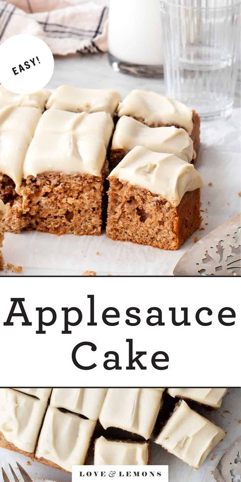 This easy applesauce cake recipe is the perfect fall treat! It's super moist and warmly spiced with cinnamon, nutmeg, cardamom, and ginger. Add cream cheese frosting to take it over the top! Easy Applesauce, Applesauce Cake Recipe, Spiced Applesauce, Applesauce Cake, Homemade Applesauce, Make Banana Bread, Apple Desserts, Cake With Cream Cheese, Spiced Apples