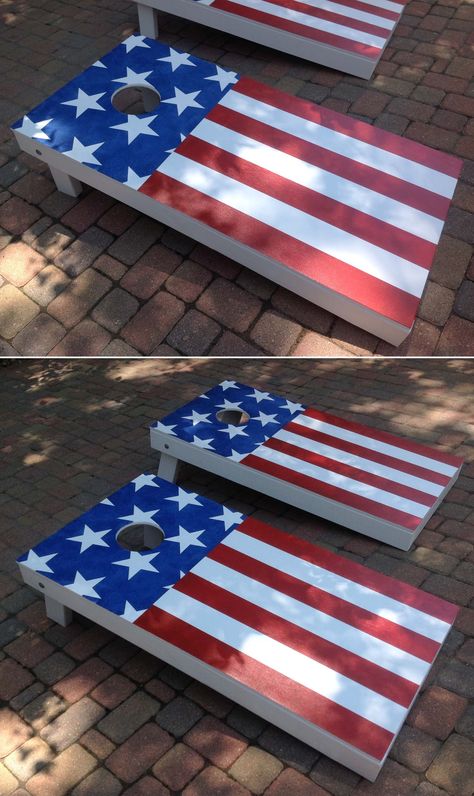 Hand made American Flag corn hole game American Flag Outdoor Games, Corn Hole Boards Designs Paint Diy, Flag Cornhole Boards, American Flag Cornhole Boards, Games Sign, Diy Yard Games, Corn Hole Diy, Cornhole Designs, Star Flag