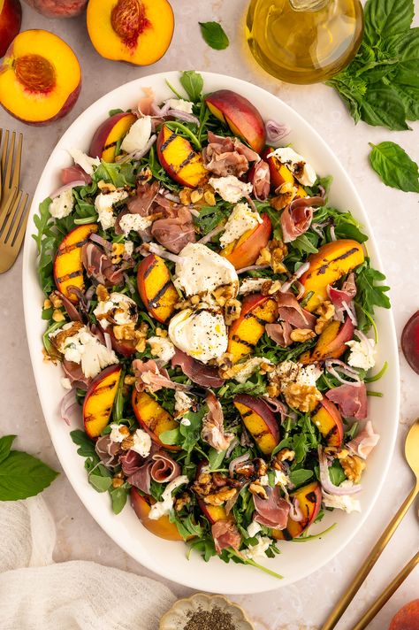 Grilled Peach and Burrata Salad with Arugula and Prosciutto — Foodborne Wellness Arugula Pear Burrata Salad, Burrata And Prosciutto, Roasted Peach Salad, Grilled Peach And Burrata Salad, Peach Burrata Prosciutto, Peach Burrata Salad, Peach And Burrata, Fig Dressing, Burrata Recipe