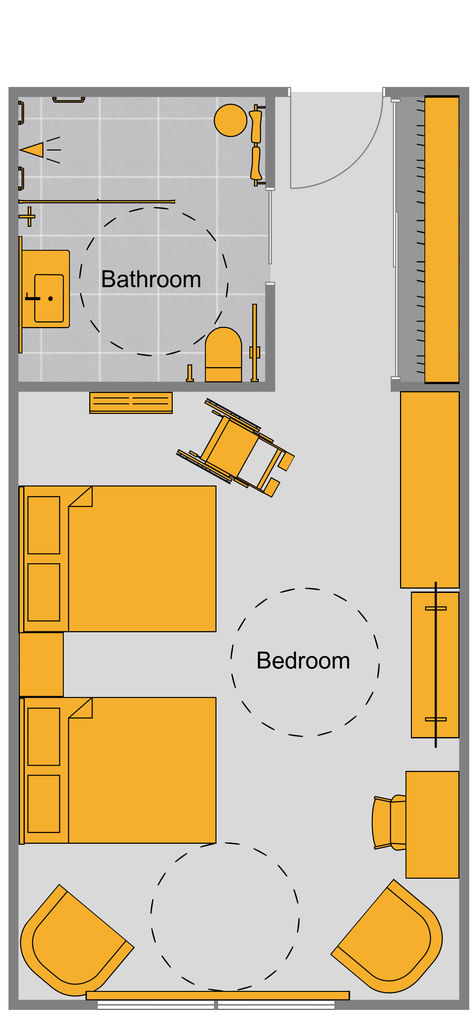 A grey and yellow 2D ADA hotel room floor plan with two queen size beds, a desk, a lounge area, a large closet, and a bathroom with a roll-in shower. Hotel Room Floor Plan, Room Template, Hotel Room Design Plan, Room Floor Plan, 2d Floor Plan, Hotel Floor Plan, Hotel Floor, Hotel Room Design, Room Flooring