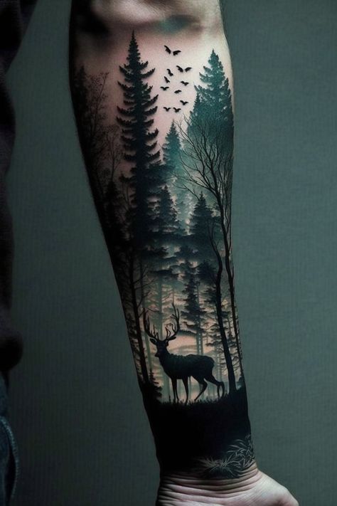 Small Country Tattoos, Country Tattoos For Guys, Forest Tattoo Sleeve, Forest Forearm Tattoo, Wilderness Tattoo, Elk Tattoo, Wood Tattoo, Tree Tattoo Men, Half Sleeve Tattoos Forearm